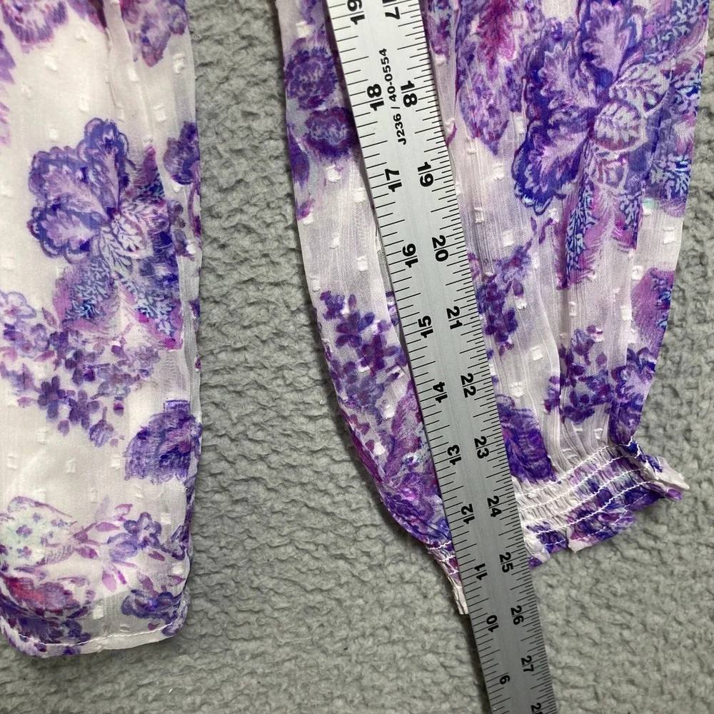 LOFT Blouse Women XL White Purple Floral Smocked Mock Neck Clip Dot Puff Sleeve